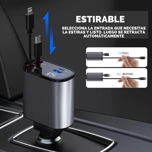 Cargador Retráctil 4 en 1 para Auto - ¡Carga Ultra Rápida y Organiza de forma fácil!