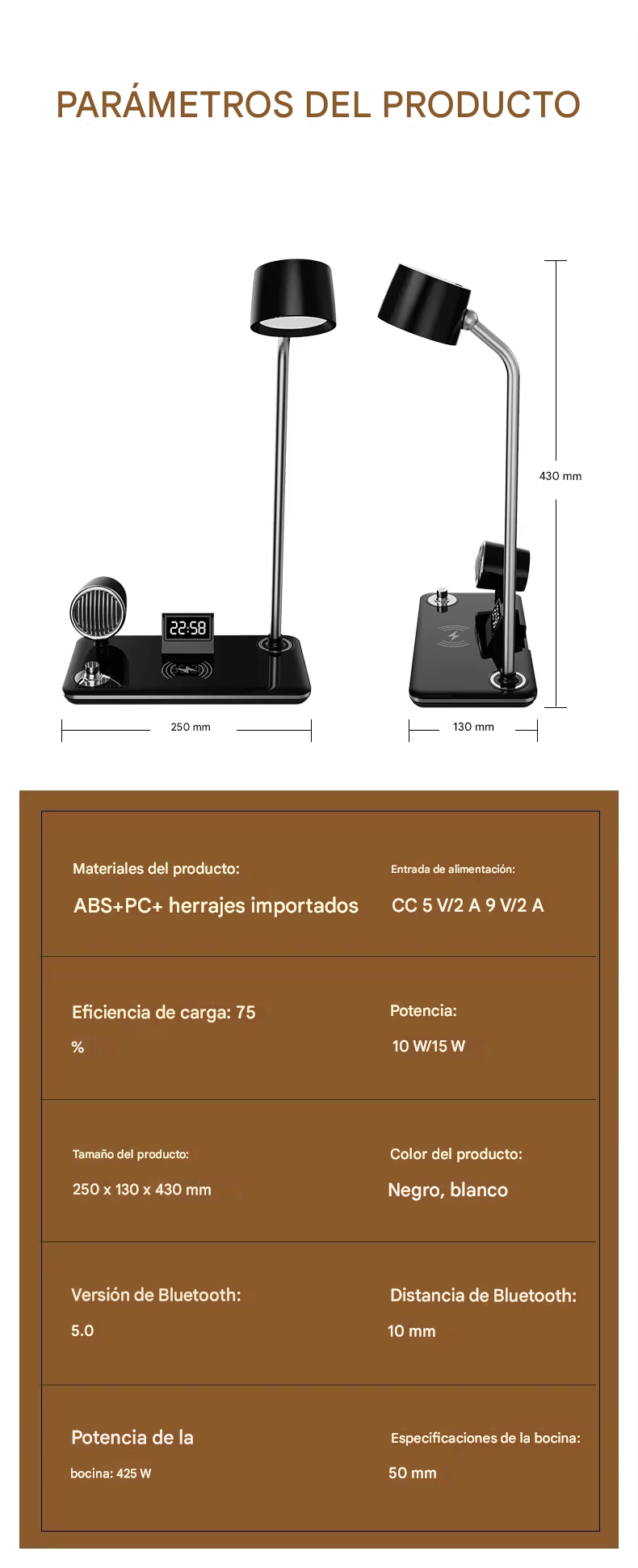 Lámpara Multifuncional Cargador Parlante Y Reloj 4 En 1