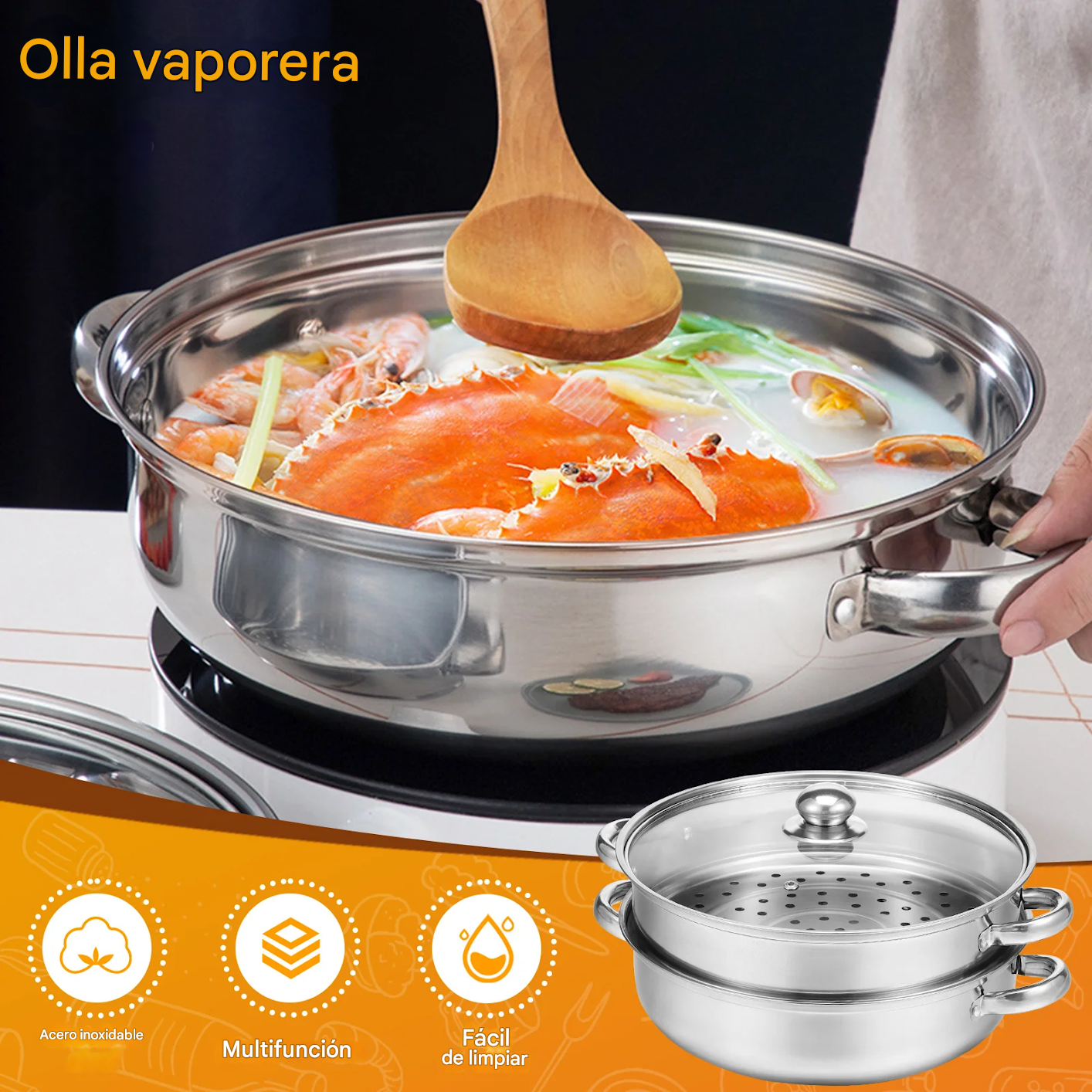 Olla Vaporera De Acero Inoxidable 2 en 1