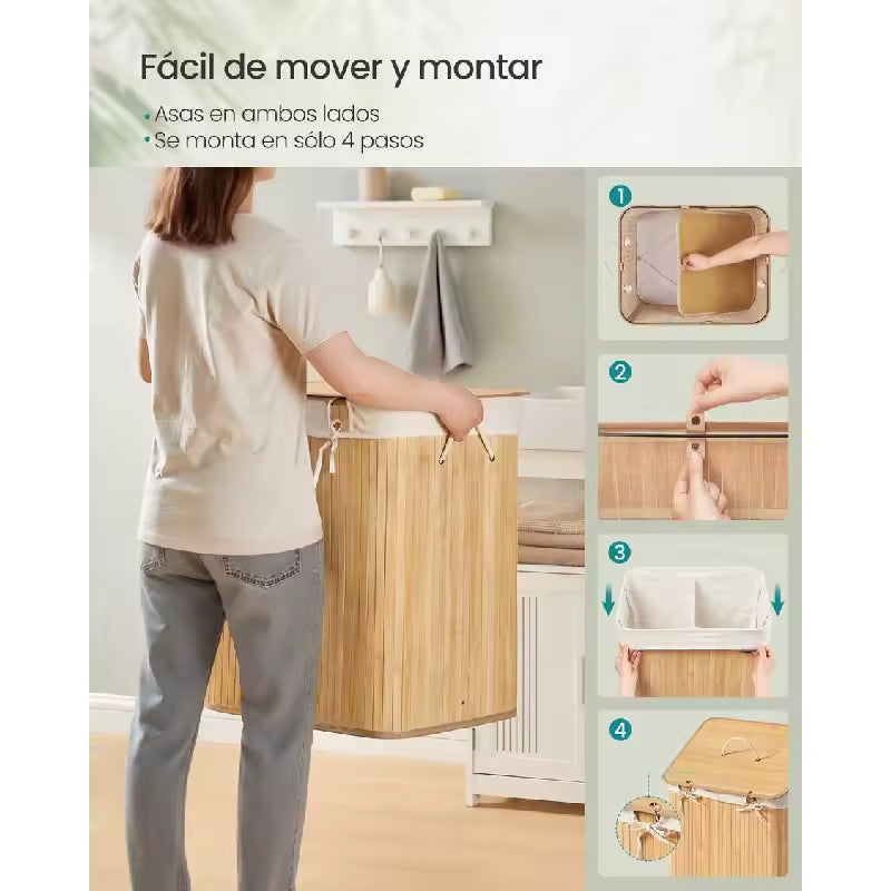 Cesto Organizador Doble para Ropa en Bambú Natural con Forros Removibles