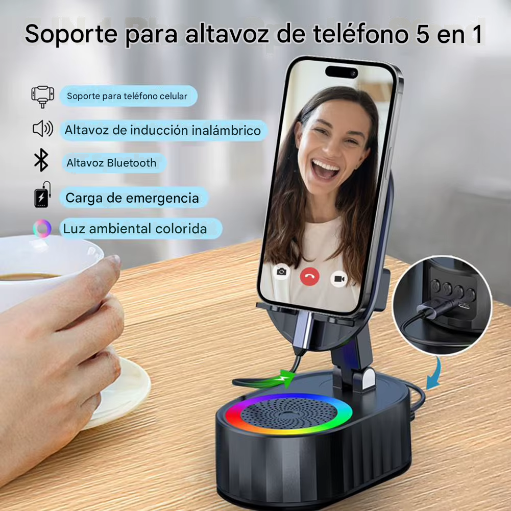 Soporte Inteligente 5 en 1 con Altavoz Bluetooth y Cargador Integrado