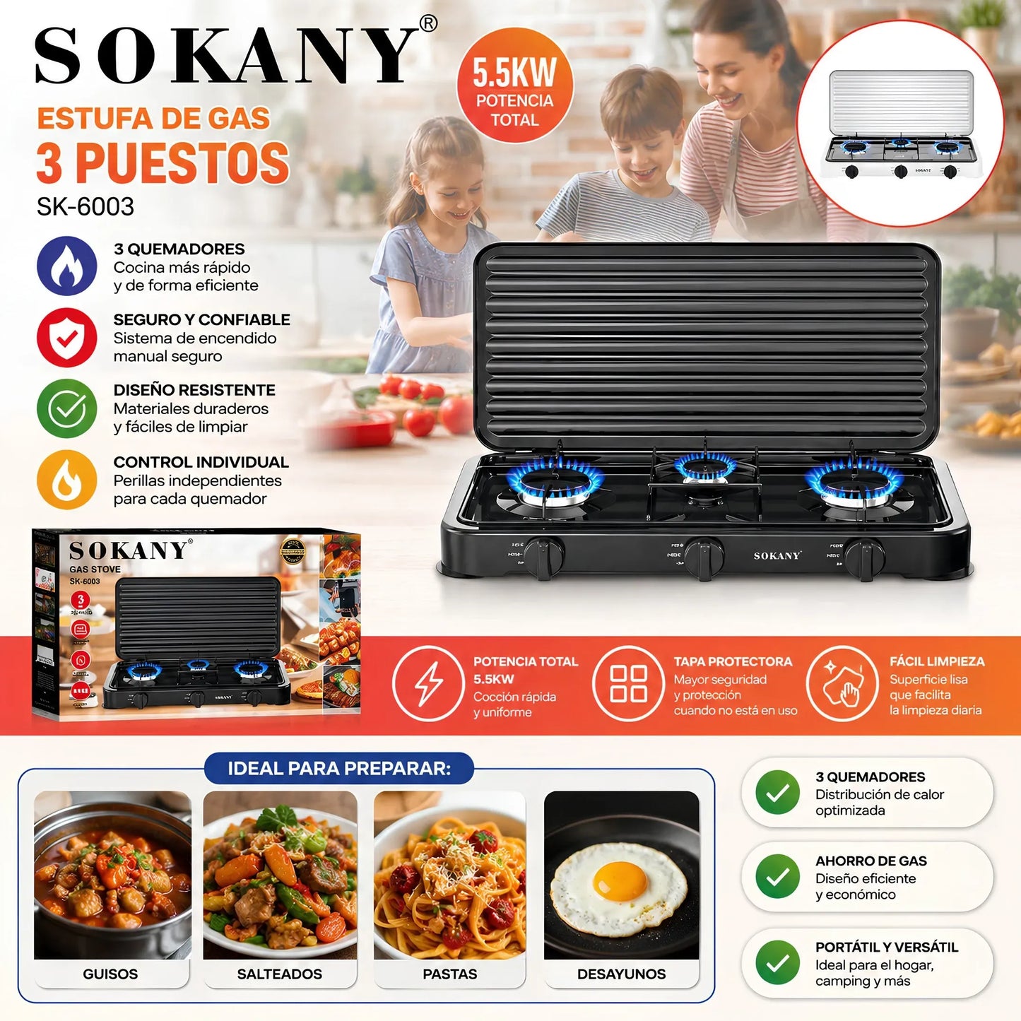Estufa de Gas Portátil 3 Puestos Sokany SK-6003 | Cocina Rápido y Ahorra Espacio