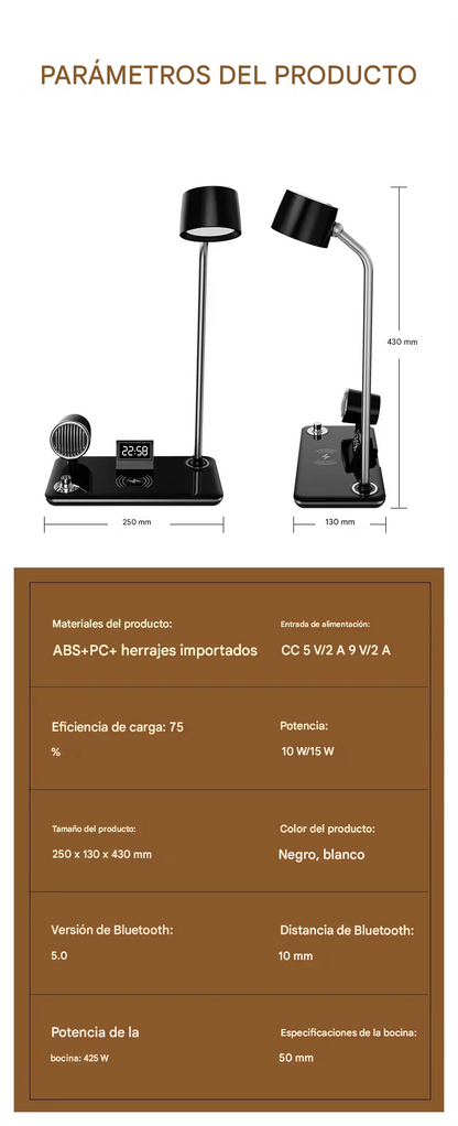 Lámpara Multifuncional Cargador Parlante Y Reloj 4 En 1