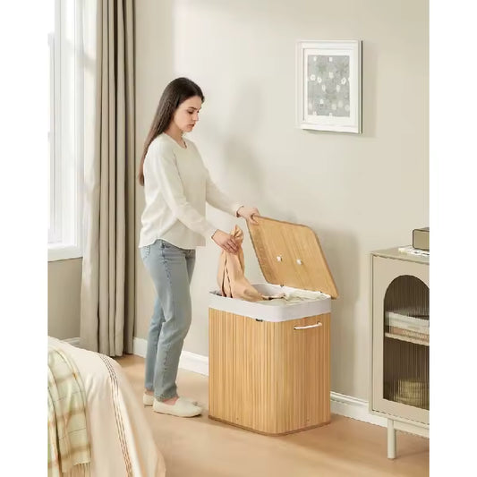 Cesto Organizador Doble para Ropa en Bambú Natural con Forros Removibles