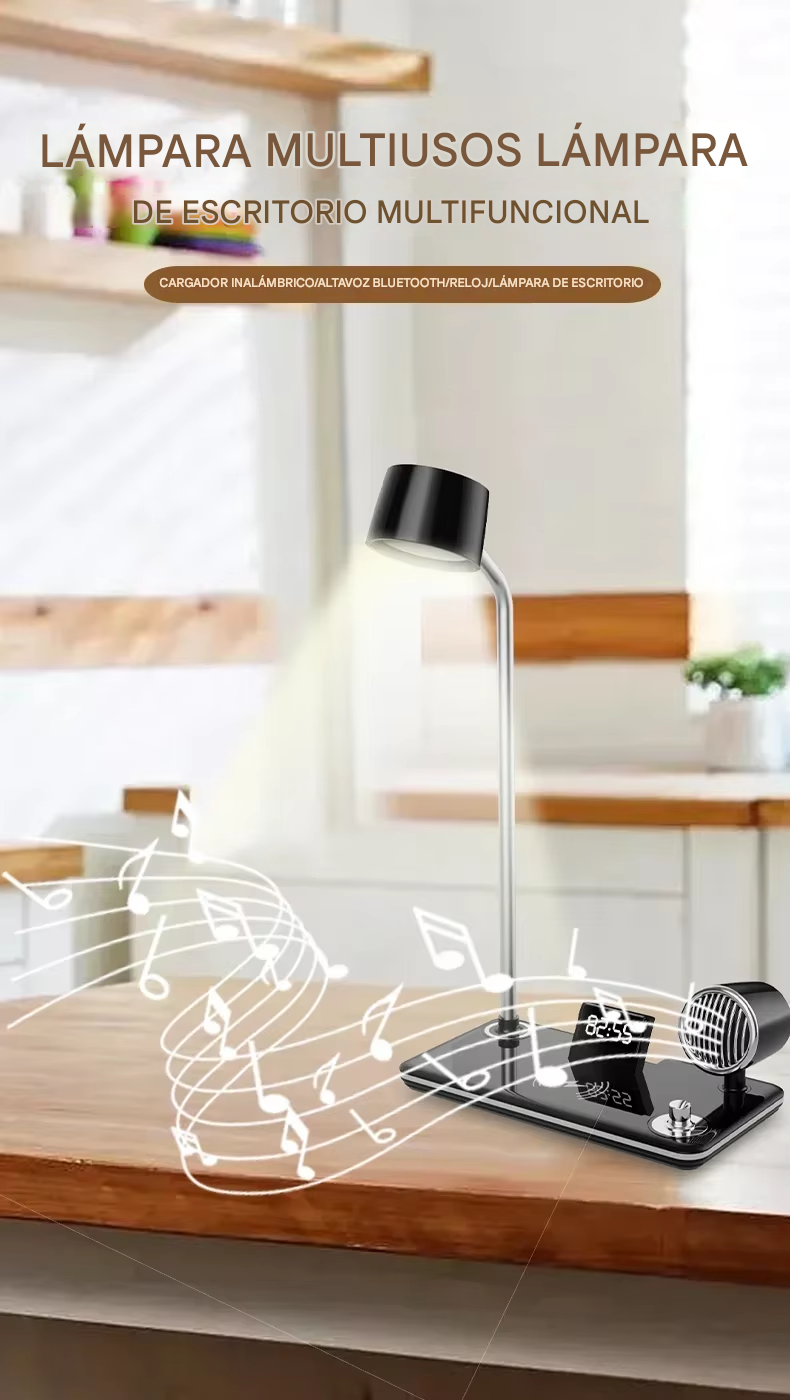 Lámpara Multifuncional Cargador Parlante Y Reloj 4 En 1