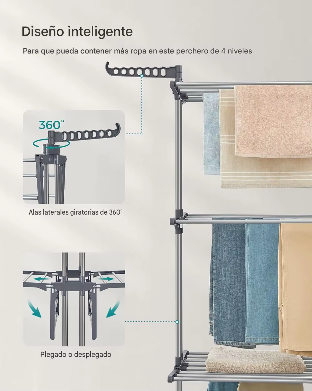 Tendedero Vertical Plegable de 4 Niveles con Ruedas – Ahorra Espacio