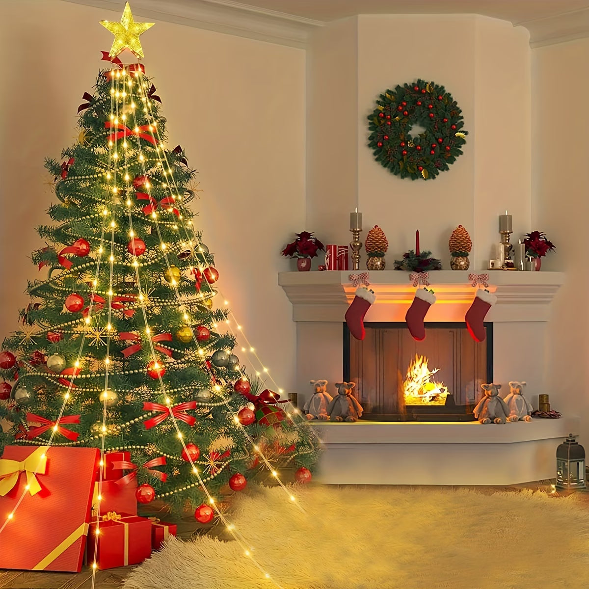 Luces Estrella Cascada LED para Árbol de Navidad + Tapete Navideño Gratis