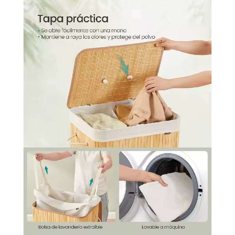 Cesto Organizador Doble para Ropa en Bambú Natural con Forros Removibles