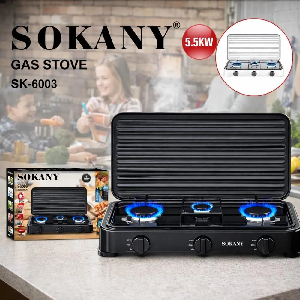 Estufa de Gas Portátil 3 Puestos Sokany SK-6003 | Cocina Rápido y Ahorra Espacio