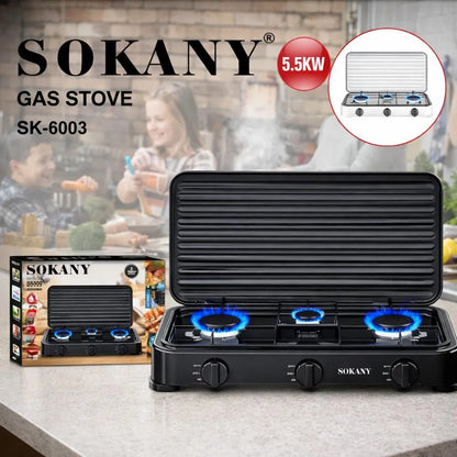 Estufa de Gas Portátil 3 Puestos Sokany SK-6003 | Cocina Rápido y Ahorra Espacio