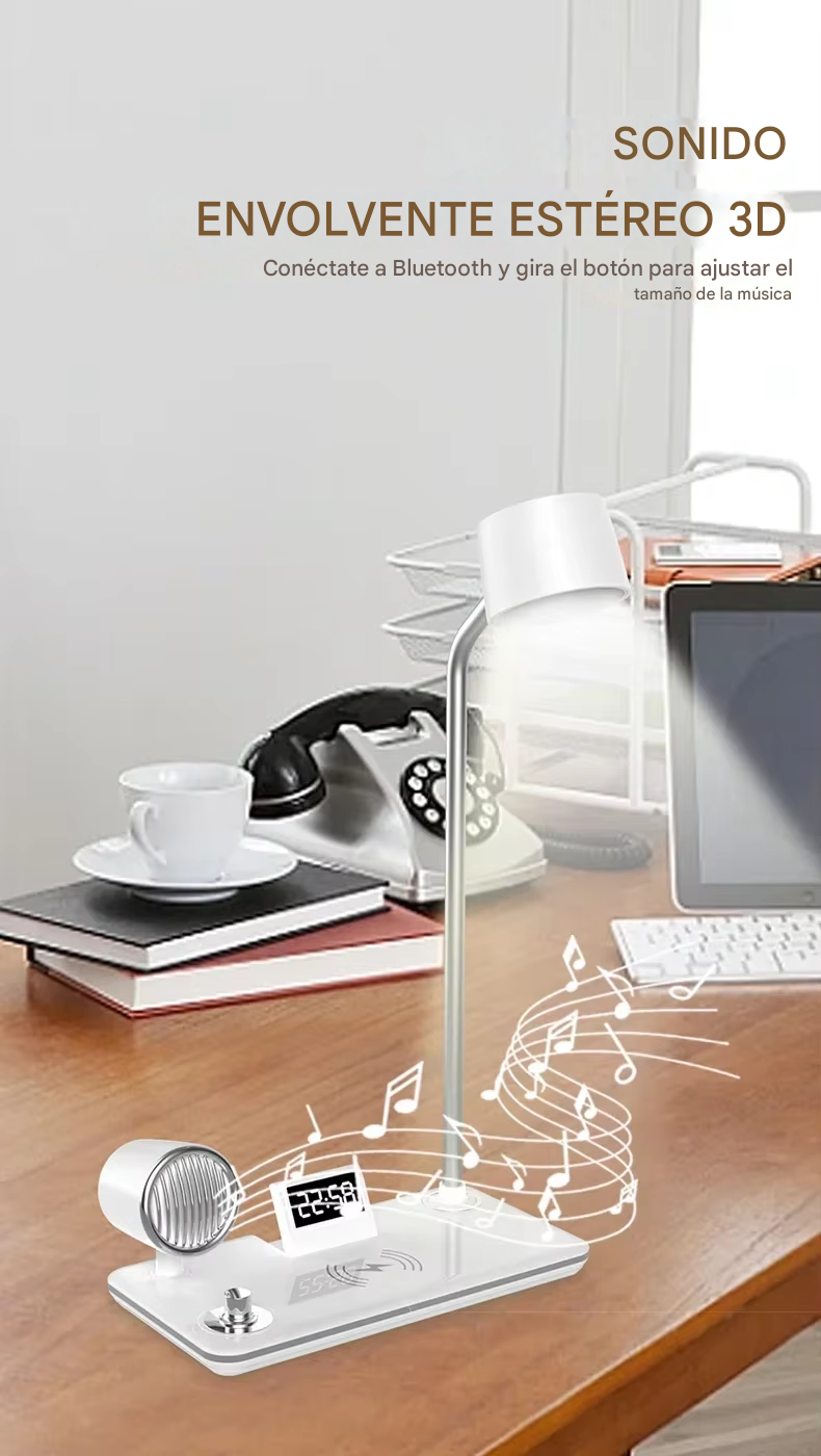 Lámpara Multifuncional Cargador Parlante Y Reloj 4 En 1