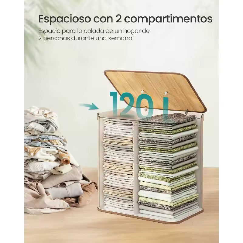 Cesto Organizador Doble para Ropa en Bambú Natural con Forros Removibles