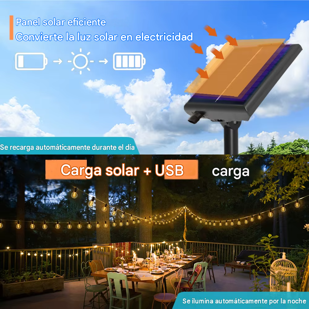 Guirnalda Solar 10 Metros - 20 Bombillos LED Luz Cálida + Panel Solar y Control Remoto
