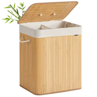 Cesto Organizador Doble para Ropa en Bambú Natural con Forros Removibles