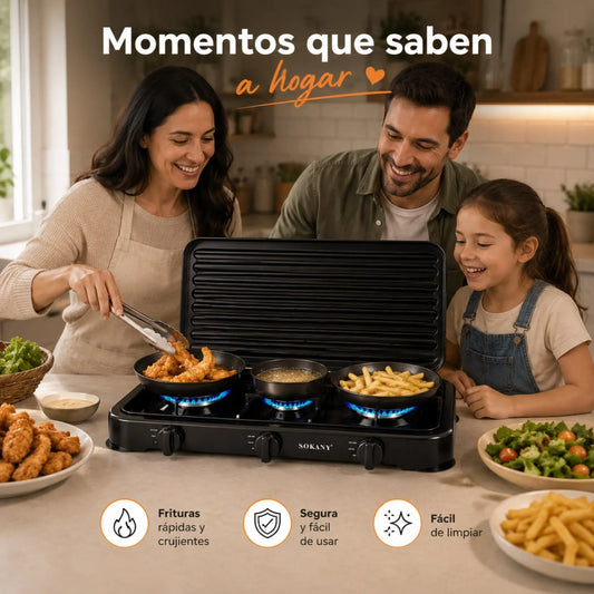 Estufa de Gas Portátil 3 Puestos Sokany SK-6003 | Cocina Rápido y Ahorra Espacio