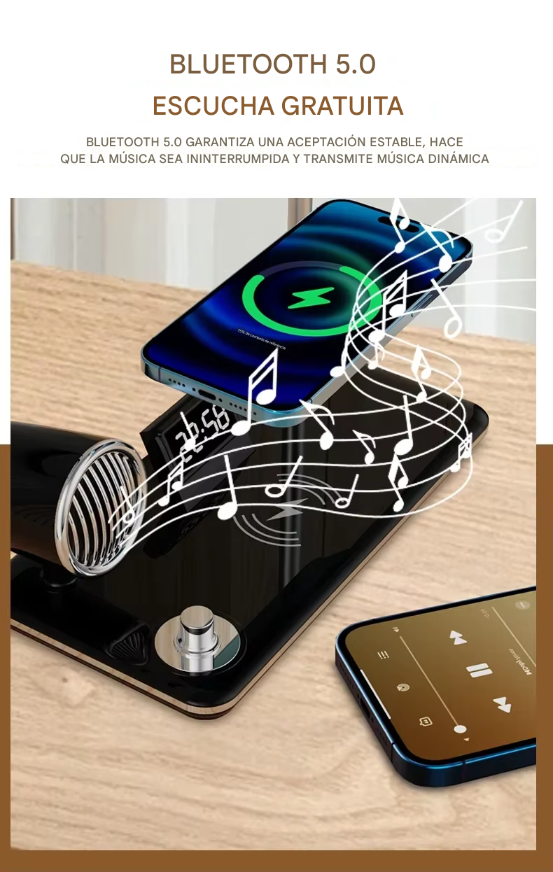 Lámpara Multifuncional Cargador Parlante Y Reloj 4 En 1