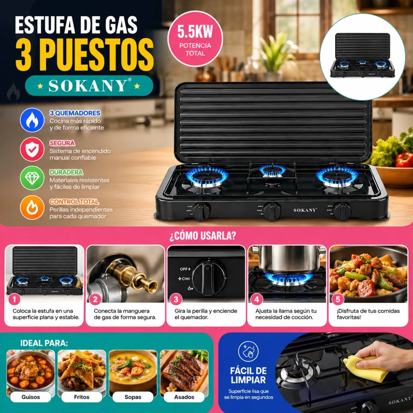 Estufa de Gas Portátil 3 Puestos Sokany SK-6003 | Cocina Rápido y Ahorra Espacio