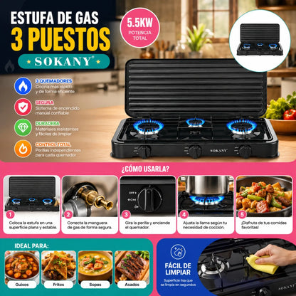 Estufa de Gas Portátil 3 Puestos Sokany SK-6003 | Cocina Rápido y Ahorra Espacio