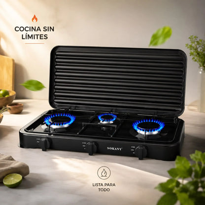 Estufa de Gas Portátil 3 Puestos Sokany SK-6003 | Cocina Rápido y Ahorra Espacio