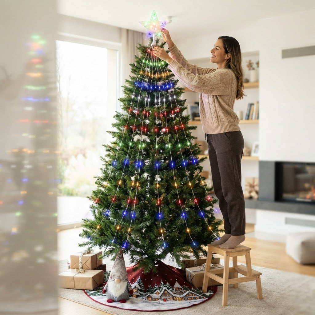 Luces Estrella Cascada LED para Árbol de Navidad + Tapete Navideño Gratis