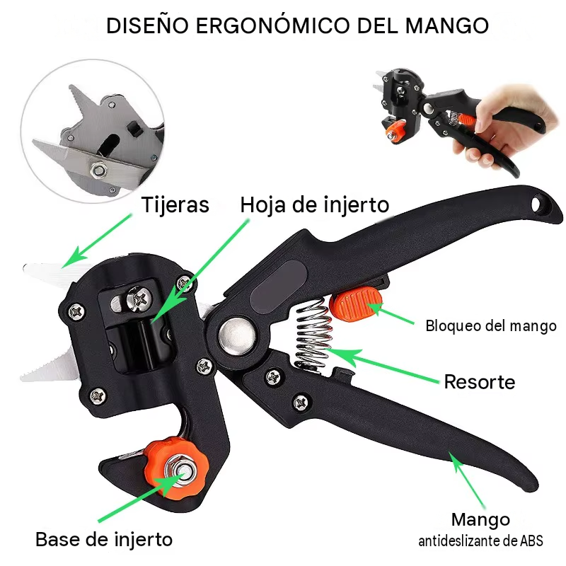 Tijera 2 en 1 Profesional para Injertos y Poda - 3 Cuchillas Intercambiables V, Omega y U