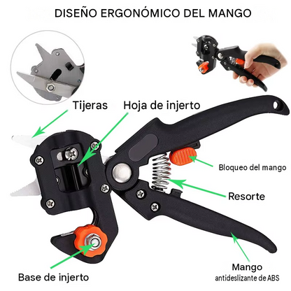 Tijera 2 en 1 Profesional para Injertos y Poda - 3 Cuchillas Intercambiables V, Omega y U