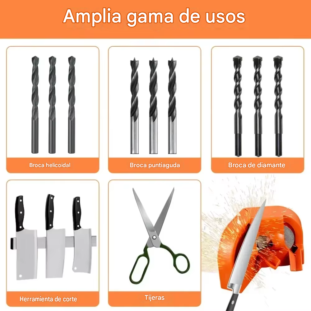 Afilador Universal de Brocas y Cuchillos 3 en 1 - Kit Compacto (Adaptable a Taladro)